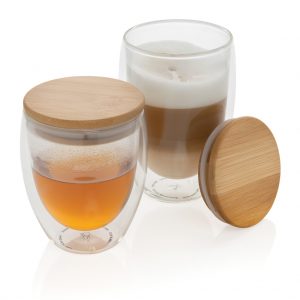 Drinkware Double wall borosilicate glass with bamboo lid 250ml 2pc set