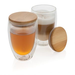 Drinkware Double wall borosilicate glass with bamboo lid 350ml 2pc set