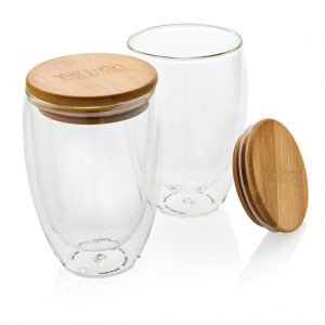 Drinkware Double wall borosilicate glass with bamboo lid 350ml 2pc set
