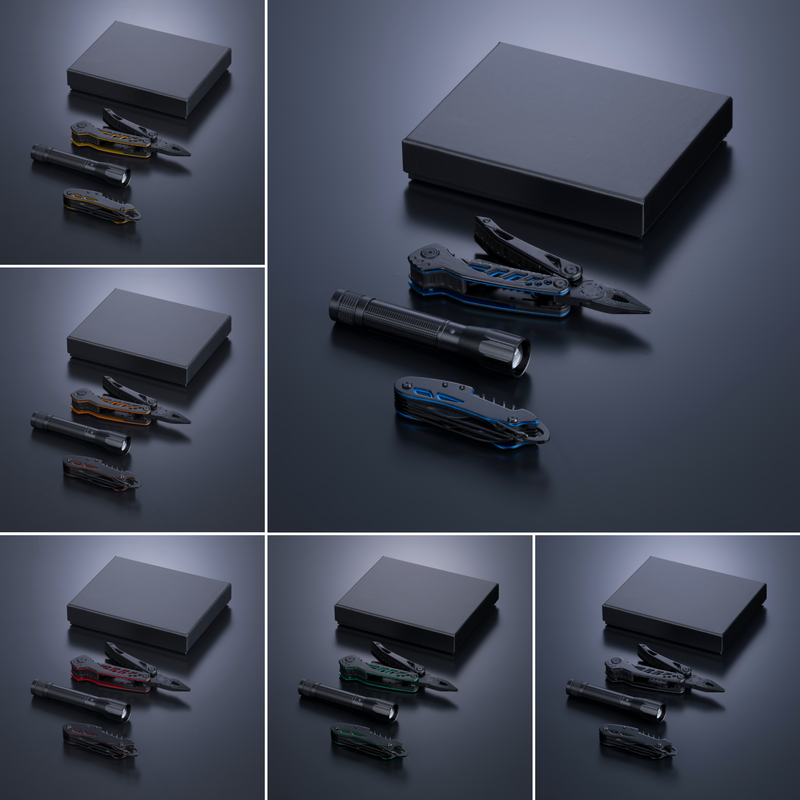 Colorissimo Optima set II: Multitool, pocket knife, and medium flashlight