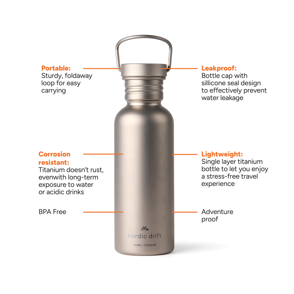 Nordic Drift Trail Ultra Light Titanium 600ml Water Bottle Bottles Nordic Drift Trail Ultra Light Titanium 600ml Water Bottle